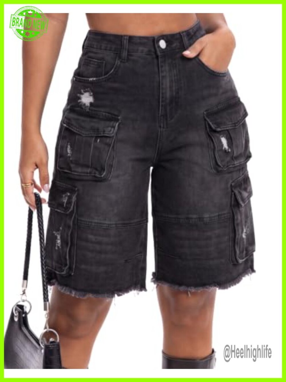 Women's Bermuda Denim Shorts High Waisted Ripped Wide Leg Stretch Jean Shorts